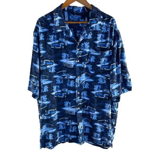 Puritan 100% Rayon "Moonlight Chevy" Print Front Pocket Hawaiian Camp Shirt 2XL - Picture 2 of 13